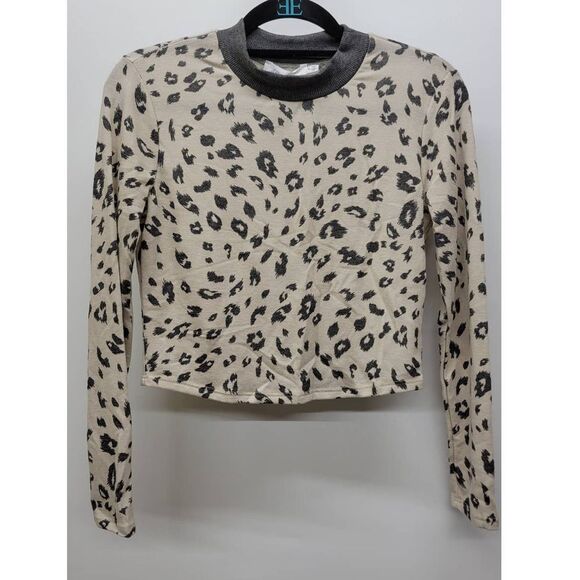 All In Favor Leopard Print Sweater Cream Black Cropped Long Sleeve Crewneck - Picture 1 of 5
